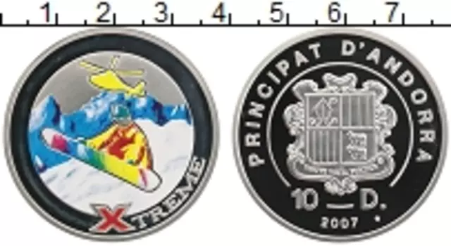 Монета 10 динерс Андорры 2007 года Серебро Экстрим, сноуборд