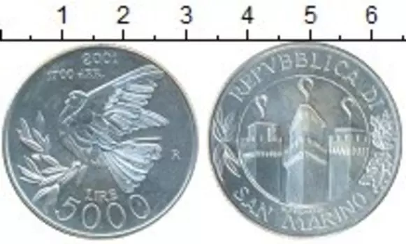 Монета 5000 лир Сан-Марино 2001 года Серебро Голубь с оливковой веткой
