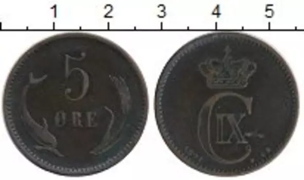 Монета 5 эре Дании 1891 года Бронза Кристиан IX
