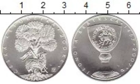 Монета 200 крон Чехии 2007 года Серебро 550 лет основания общины чешских братьев
