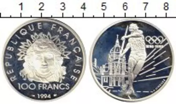 Монета 100 франков Франции 1994 года Серебро Олимпийские игры, Метание копья