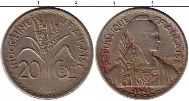 Монета 20 сантим Индокитая 1941 года Медно-никель