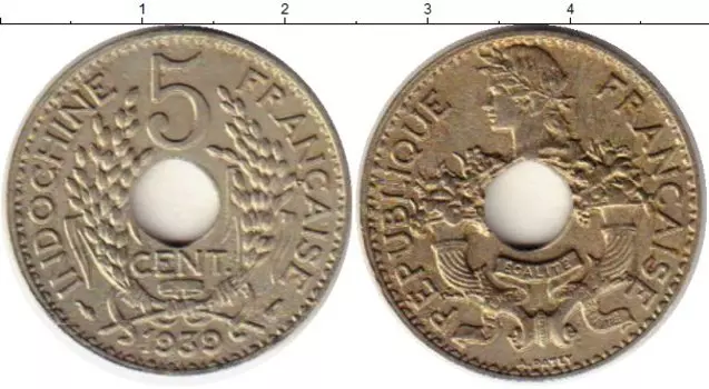 Монета 5 сантим Индокитая 1939 года Медно-никель