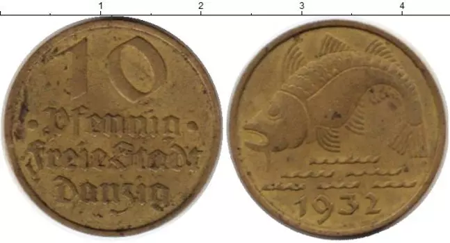 Монета 10 пфеннигов Данцига 1932 года Латунь Треска