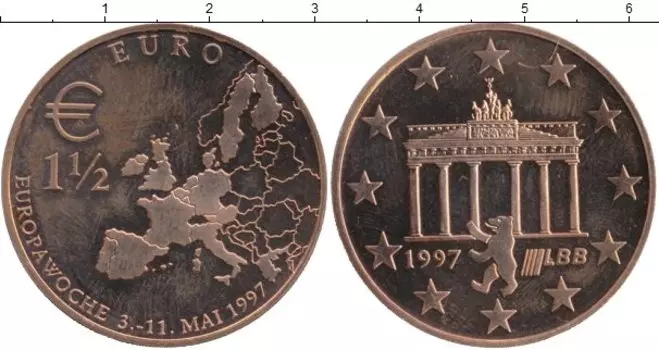 Монета 1/2 евро Германии 1997 года Бронза Бранденбургские Ворота