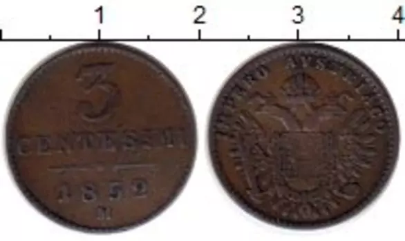 Монета 3 сентесим Ломбардии 1852 года Медь М