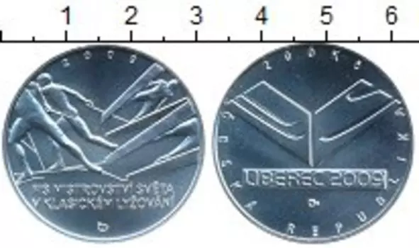 Монета 200 крон Чехии 2009 года Серебро Чемпионат мира по лыжам в Либереце