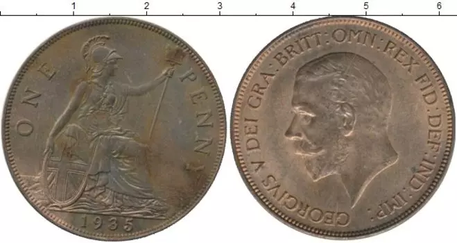 Монета пенни Англии 1935 года Бронза Георг V