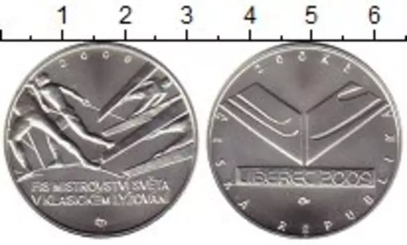 Монета 200 крон Чехии 2009 года Серебро Чемпионат мира по лыжам в Либереце