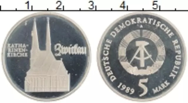 Монета 5 марок ГДР 1989 года Медно-никель Церковь Святой Екатерины в Цвиккау,А