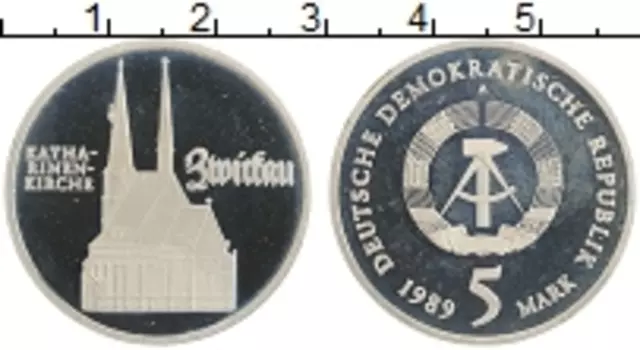 Монета 5 марок ГДР 1989 года Медно-никель Церковь Святой Екатерины в Цвиккау,А