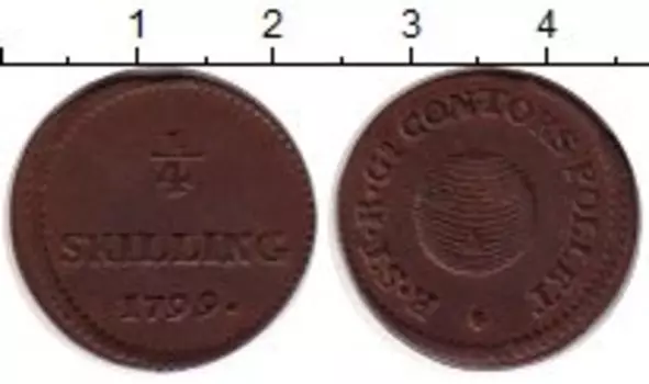 Монета 1/4 скиллинга Швеции 1799 года Медь