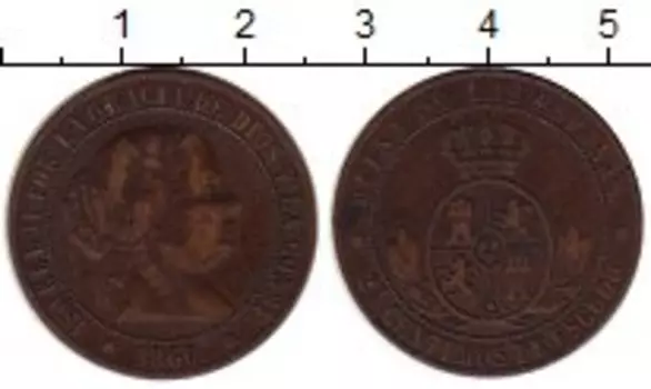 Монета 2 1/2 сентимо Испании 1866 года Медь Изабелла II