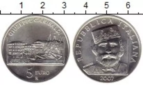 Монета 5 евро Италии 2007 года Серебро 200 лет со дня рождения Джузепе Гарибальди