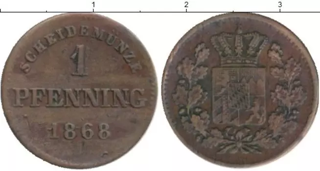 Монета пфенниг Баварии 1868 года Медь