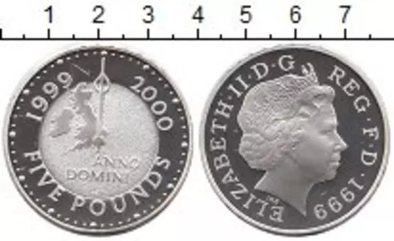 Монета 5 фунтов Англии 1999 года Серебро Миллениум
