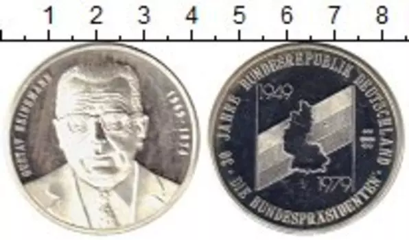 Медаль ФРГ 1979 года Серебро 30 лет ФРГ, Густав Хайнеман