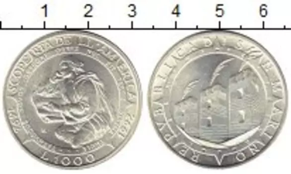 Монета 1000 лир Сан-Марино 1992 года Серебро 500 лет открытия Америки