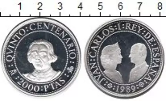 Монета 2000 песет Испании 1989 года Серебро 500 лет открытия Америки