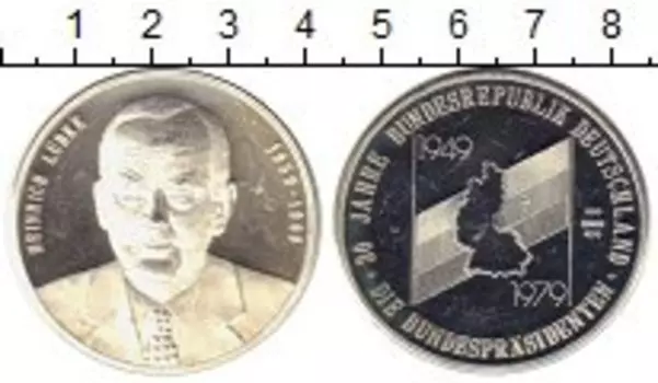 Медаль ФРГ 1979 года Серебро 30 лет ФРГ, Генрих Любке