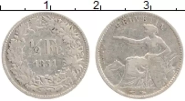 Монета 1/2 франка Швейцарии 1851 года Серебро А