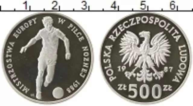 Монета 500 злотых Польши 1987 года Серебро Чемпионат Европы по футболу