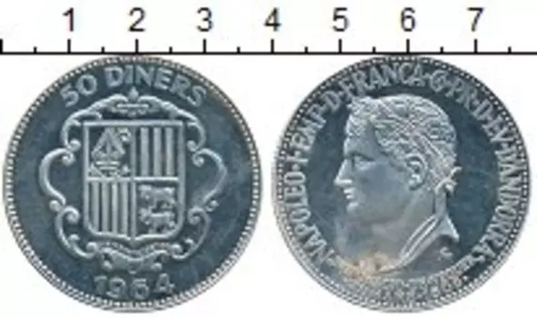 Монета 50 динерс Андорры 1964 года Серебро Наполеон I