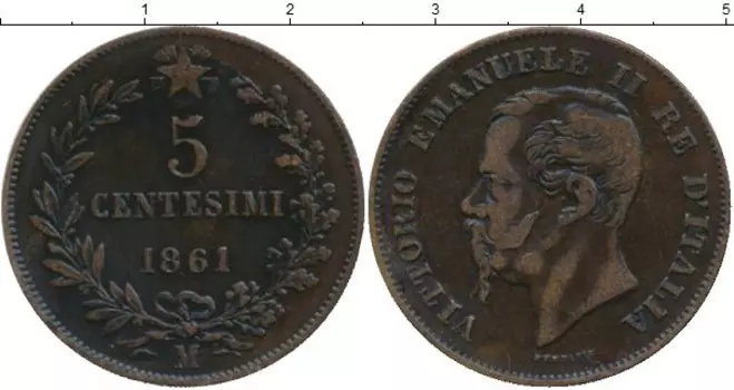 Монета 5 сентесим Италии 1861 года Медь Виктор Эммануил II