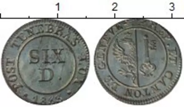Монета 6 динерс Женевы 1833 года Серебро