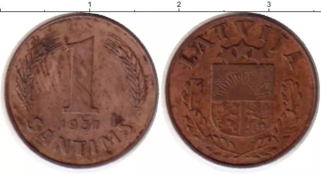 Монета сантим Латвии 1937 года Бронза