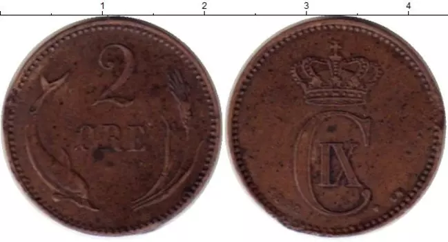 Монета 2 эре Дании 1892 года Бронза Кристиан IX