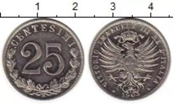 Монета 25 сентесимо Италии 1903 года Никель Витторио Эмануил III
