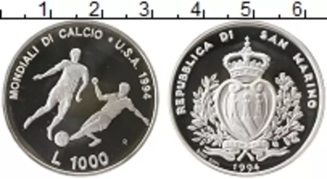 Монета 1000 лир Сан-Марино 1994 года Серебро FIFA 1994 США