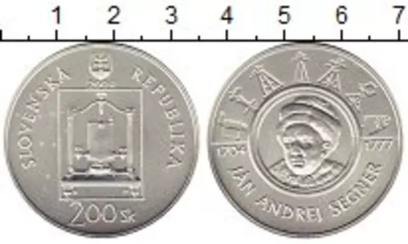 Монета 200 крон Словакии 2004 года Серебро 300 лет со дня рождения Иоганна Андреаса фон Зегнера