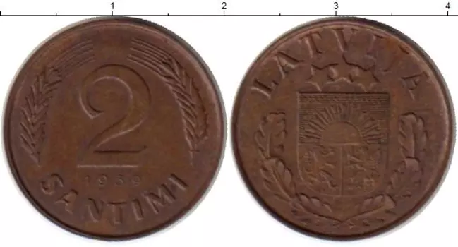 Монета 2 сантима Латвии 1939 года Бронза
