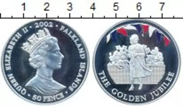 Монета 50 пенсов Фолклендских островов 2002 года Серебро 50 лет правления Елизаветы II