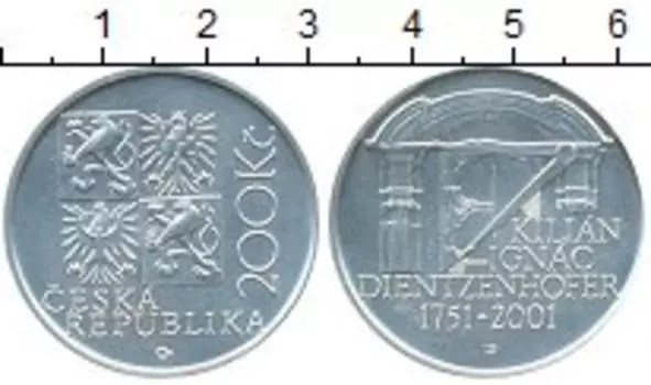 Монета 200 крон Чехии 2001 года Серебро 250 лет со дня смерти Килиана Игнаца Динценхофера