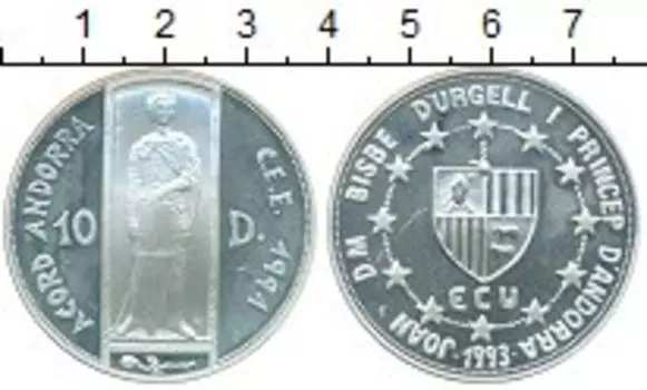 Монета 10 динерс Андорры 1993 года Серебро Святой Георгий