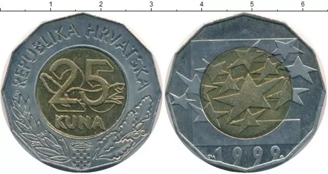 Монета 25 кун Хорватии 1999 года Биметалл Европейская валюта-евро