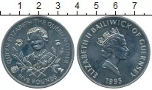 Монета 5 фунтов Гернси 1995 года Медно-никель 95 лет королеве-матери