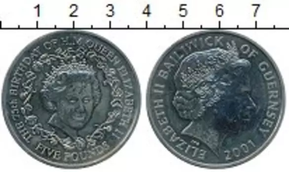 Монета 5 фунтов Гернси 2001 года Медно-никель 75 лет Елизавете II