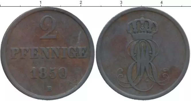 Монета 2 пфеннига Ганновера 1850 года Медь