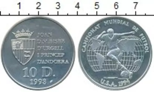 Монета 10 динерс Андорры 1993 года Серебро Чемпионат мира по футболу