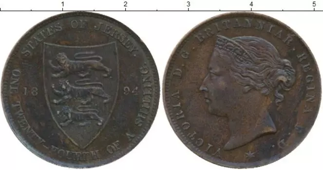 Монета 1/24 шиллинга Острова Джерси 1894 года Бронза Виктория