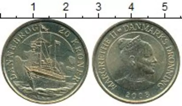 Монета 20 крон Дании 2008 года Латунь Корабль Dannebrog