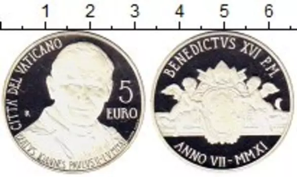 Монета 5 евро Ватикана 2011 года Серебро Понтифик Бенедикт XVI