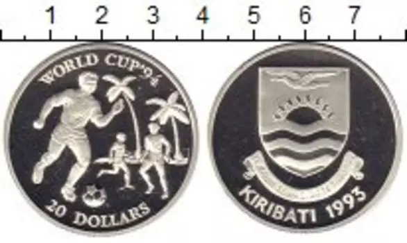 Монета 20 долларов Кирибати 1993 года Серебро Чемпионат мира по футболу 1994 г