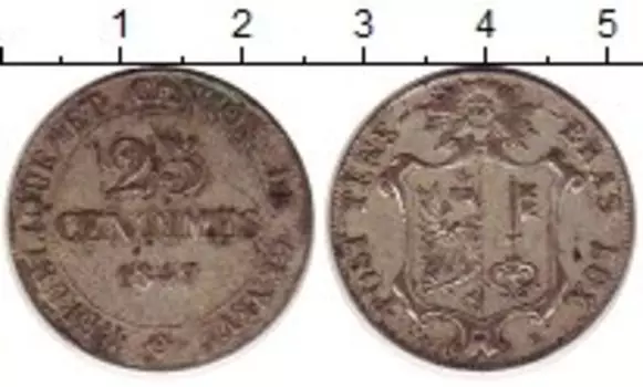 Монета 25 сантим Женевы 1847 года Серебро