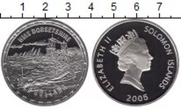 Монета 25 долларов Соломоновых островов 2005 года Серебро Корабль HMS DORSETSHIRE