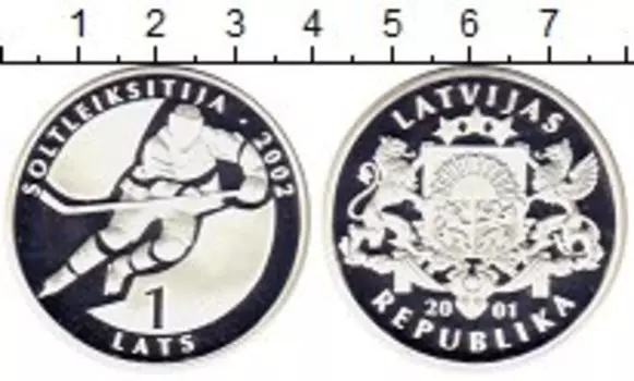 Монета лат Латвии 2001 года Серебро Хоккей